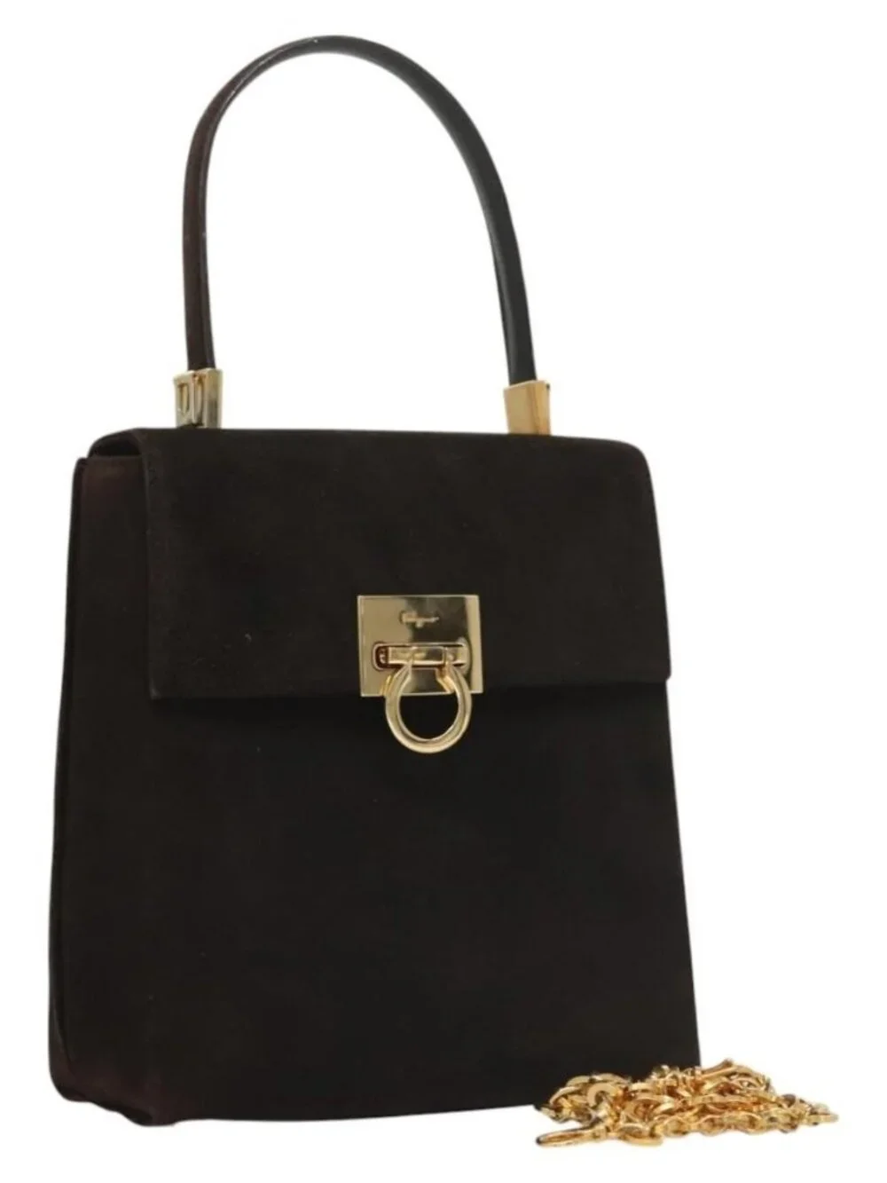 Salvatore Ferragamo Gancini Hand Bag Suede 2way Black Gold Auth BA2414 - Picture 1 of 16